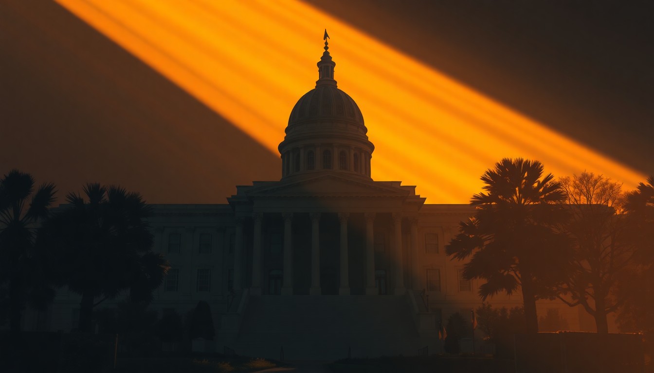 A photorealistic painting of the Georgia State Capitol building in warm, golden light, with deep shadows accentuating the grand architecture, conveying a sense of the solemn and weighty nature of the legislative process.