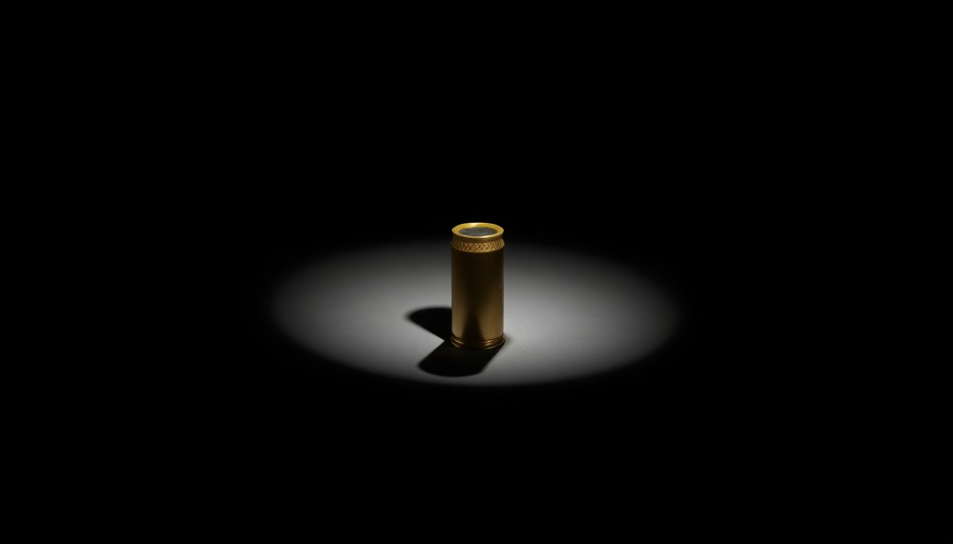 An extreme close-up photograph of a single shotgun shell casing against a pitch-black background, lit by a harsh, direct camera flash, conveying a sense of gritty investigation and the weight of this tragic crime.