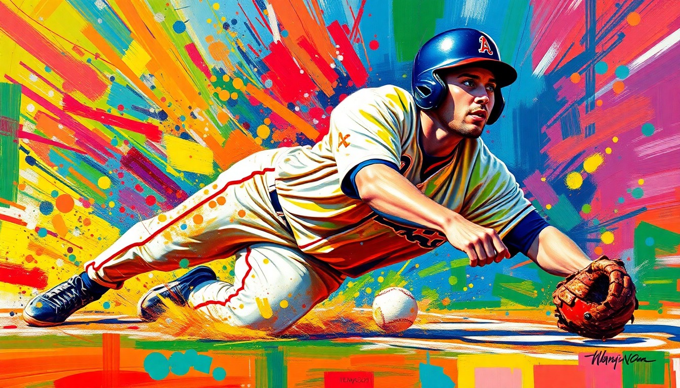 An abstract, energetic painting featuring a baseball player sliding into home plate, with the player's form and details dissolving into vibrant brushstrokes of neon colors.