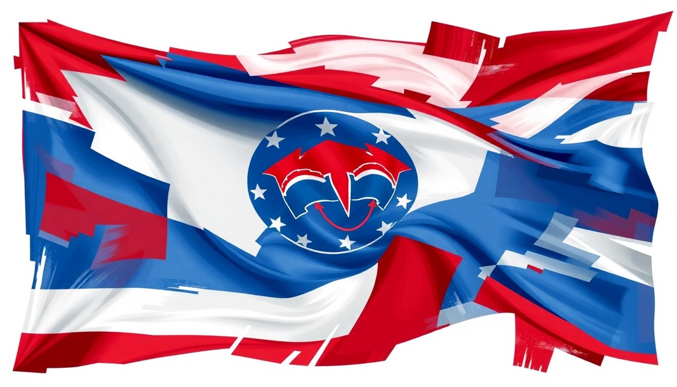 A dynamic, abstract painting of a North Dakota state flag, with overlapping geometric shapes and waves of red, white, and blue, conceptually representing the competitive Republican primary race.