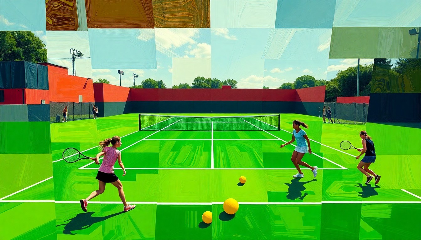 A dynamic, geometric painting depicting the fast-paced action of a girls high school tennis match, with overlapping planes of color and shape representing the players, court, and ball.