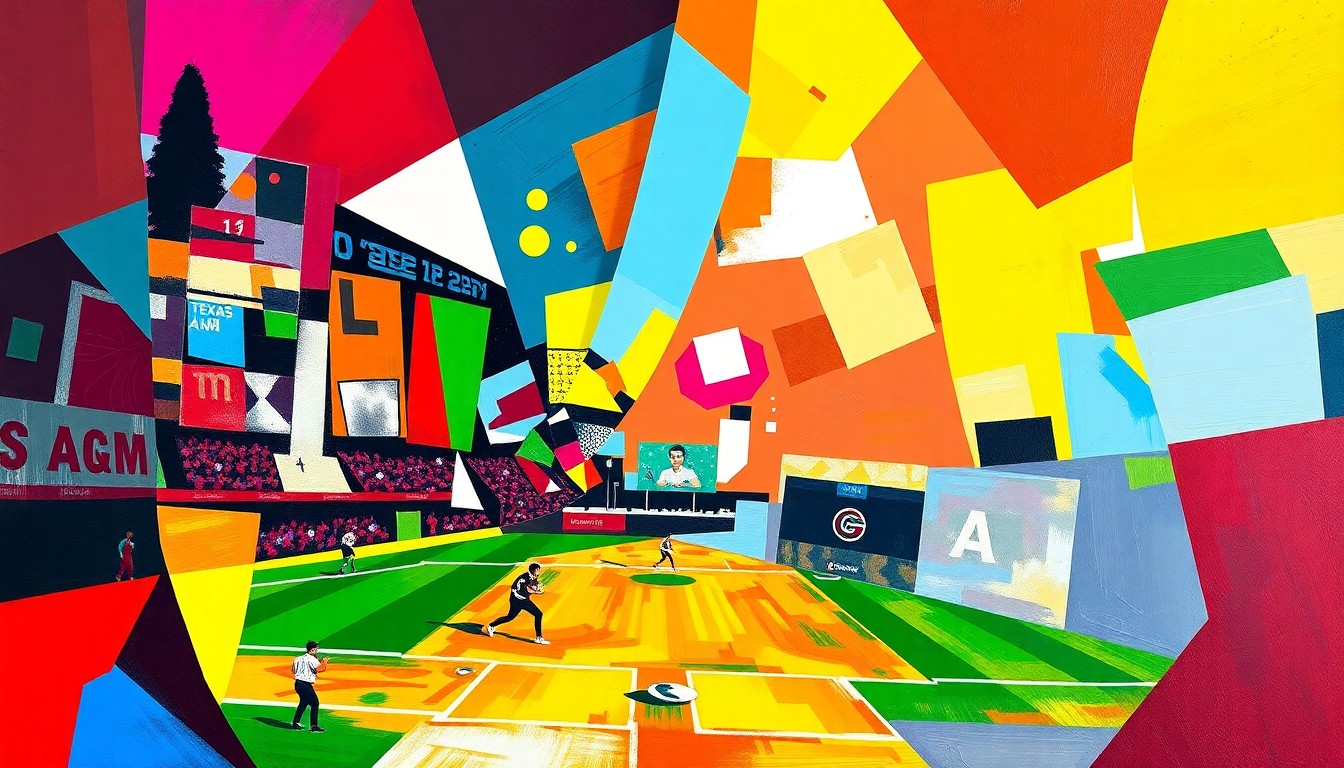 A cubist-style painting featuring overlapping geometric shapes in bright colors, capturing the dynamic action and energy of a softball game between two top teams.