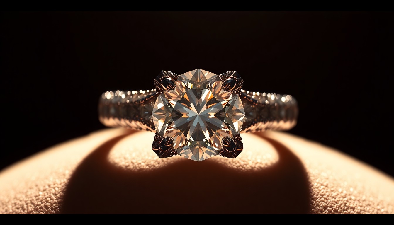An extreme macro photograph of a diamond engagement ring, capturing the intricate, glittering texture of the precious metal and gemstone in dramatic studio lighting, conceptually representing the glamour and pressures of celebrity culture.