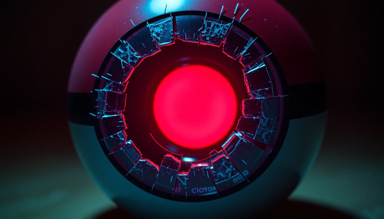 An abstract close-up photograph of a shattered, reflective Poké Ball lens glowing with a vibrant red light, conveying the dynamic, high-energy world of Pokémon YouTube content.