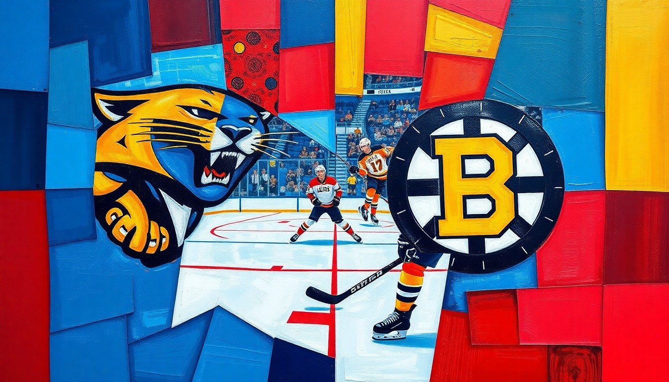 A fractured, cubist-style painting depicting the intense action of a hockey game between the Florida Panthers and Boston Bruins, with sharp geometric shapes and planes of color representing the players, puck, and energy of the match.