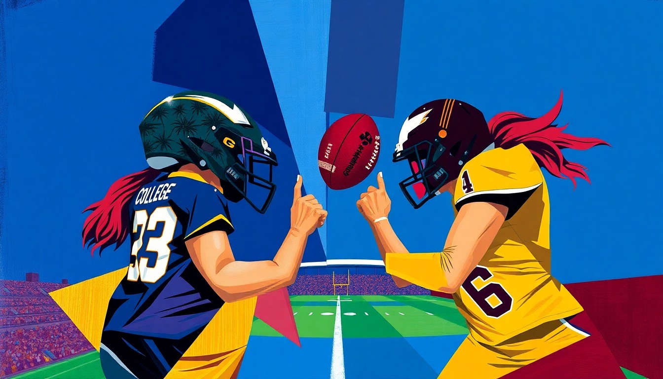 A cubist, geometric painting depicting the action and movement of a women's flag football game, with sharp, overlapping planes of color representing the players and the field of play.