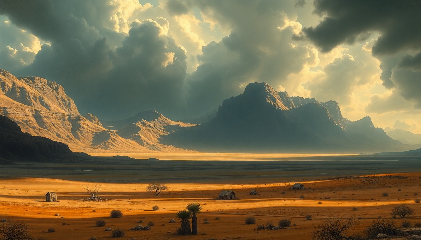 A vast, atmospheric landscape painting depicting a dry, parched rural environment, with any physical structures or objects dwarfed by the overwhelming presence of the natural elements.