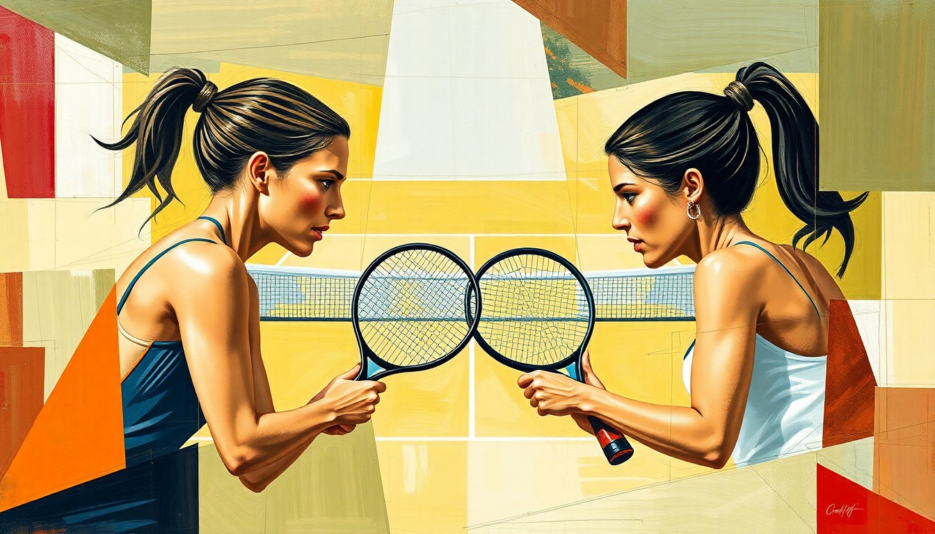 A fragmented, cubist-style painting depicting the dynamic movements and competitive energy of a high-stakes tennis match, with sharp geometric shapes and planes representing the players' powerful strokes and court coverage.