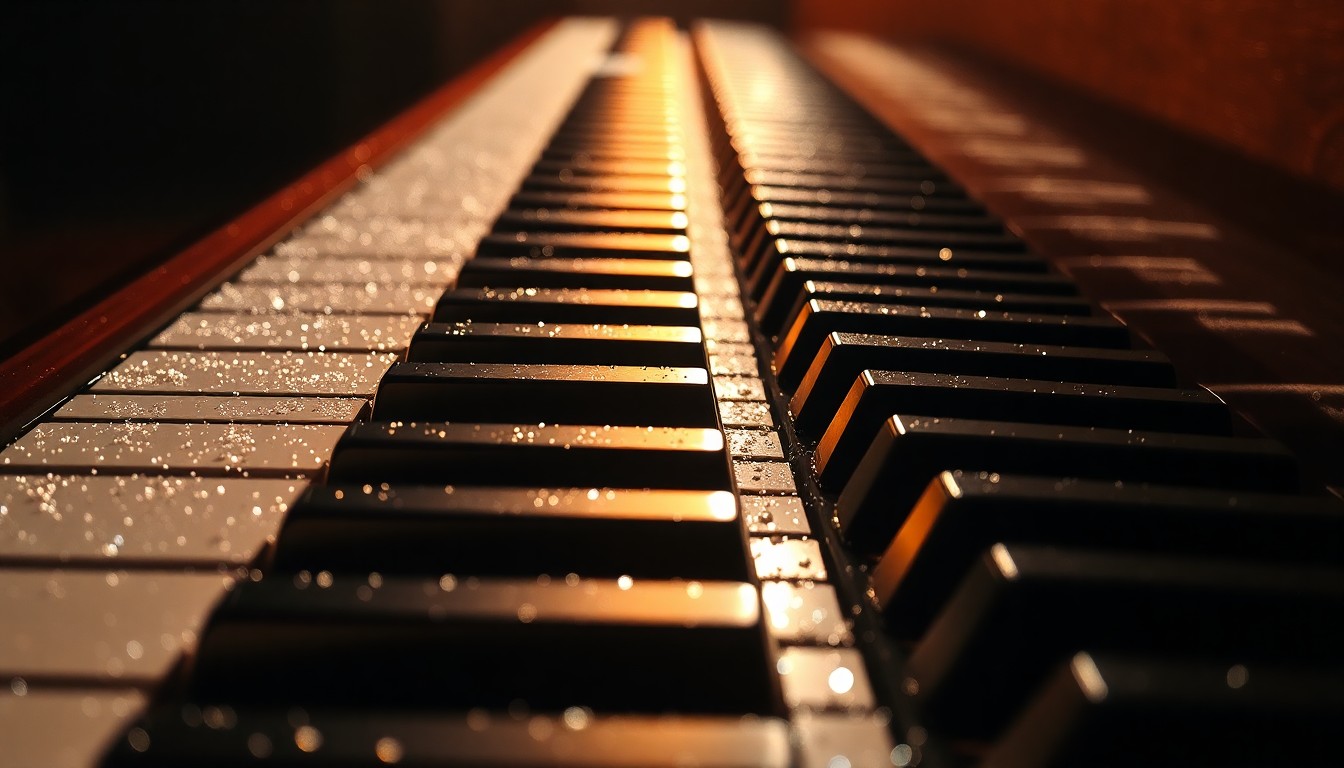 An extreme close-up photograph of a shimmering, glittering piano keyboard in dramatic studio lighting, capturing the luxurious textures and high-contrast glamour of classical music performance.