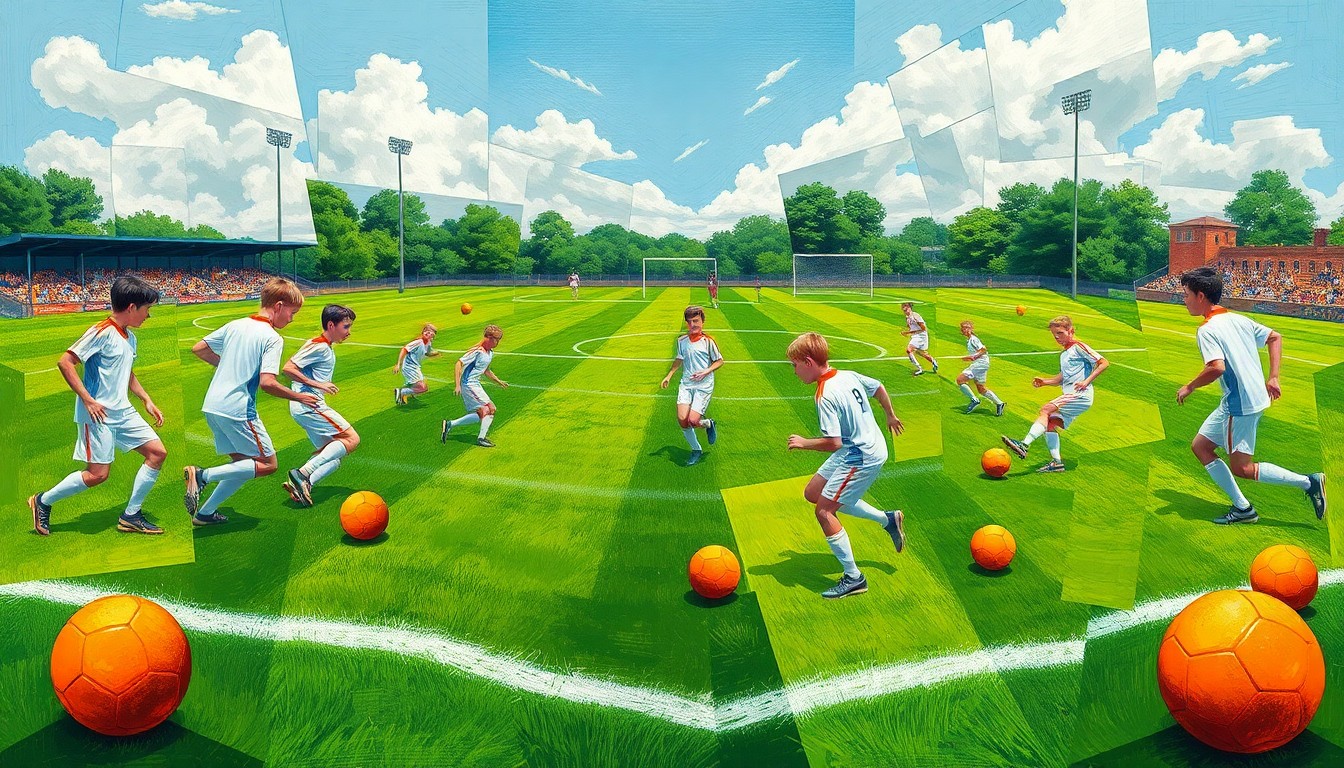 A cubist, geometric painting depicting the chaotic action of a high school soccer match, with overlapping planes of green, white, and orange representing the players, field, and ball.