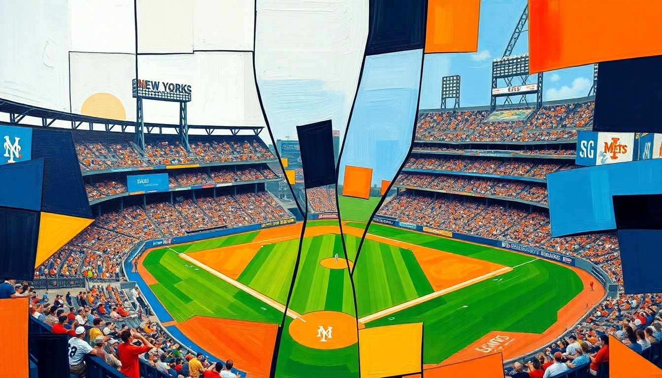 A fragmented, multi-angled painting depicting a baseball game between the New York Mets and San Francisco Giants, with the players and field broken down into sharp, overlapping geometric shapes and planes of vibrant colors.