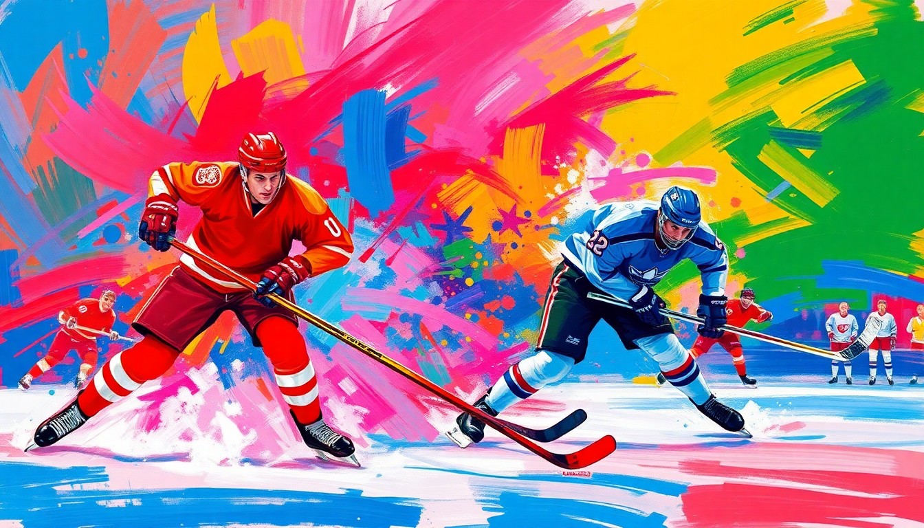 An abstract, energetic painting in bold, neon-colored brushstrokes, capturing the raw intensity and motion of a hockey game.
