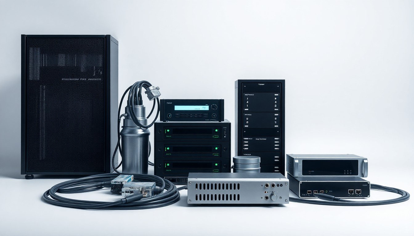 A minimalist studio photograph featuring a collection of industrial-style metal and glass objects, including a server rack, network cables, and a data storage device, arranged elegantly on a clean, monochromatic background to symbolize the abstract concept of data infrastructure and its impact on local communities.