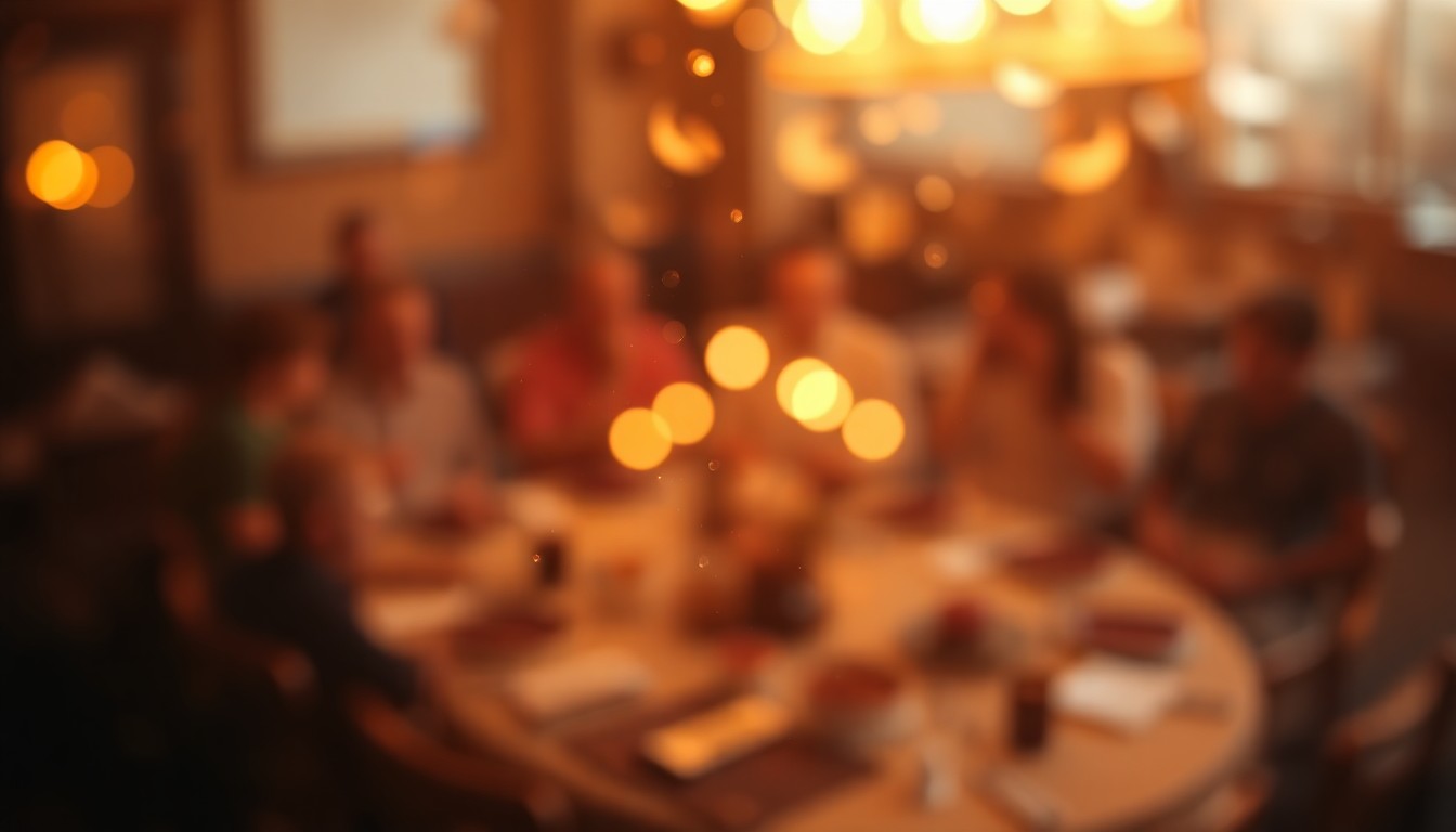 An abstract, impressionistic photograph of a dimly lit table setting with the faint outlines of plates, glasses, and candles visible through a hazy, out-of-focus lens, conveying the intimate, reflective mood of a Passover gathering.