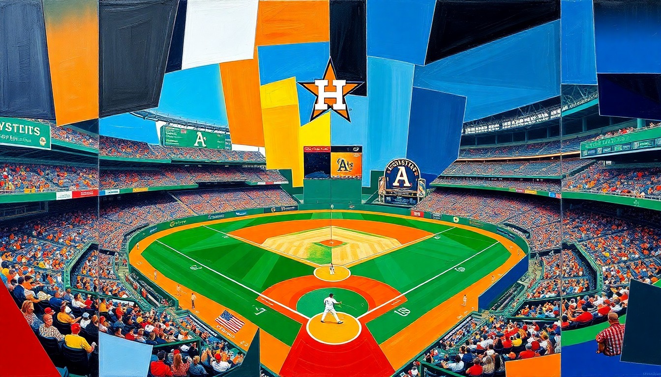 A fragmented, geometric painting depicting a baseball game between the Houston Astros and Sacramento Athletics, with sharp planes of color representing the players and action on the field.