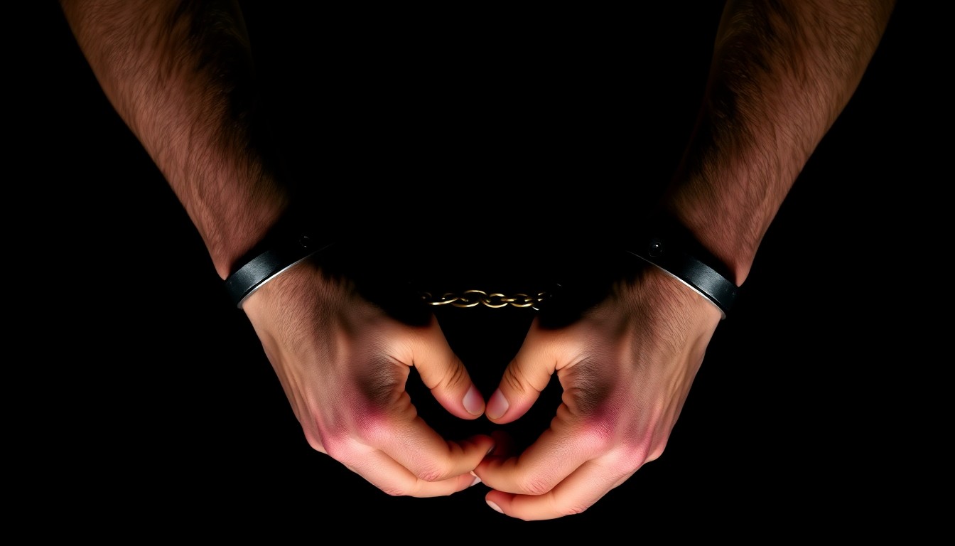 An extreme close-up photograph of a pair of handcuffed hands against a pitch-black background, lit by a harsh, direct camera flash, conceptually illustrating the drama and intensity of an immigration-related arrest.