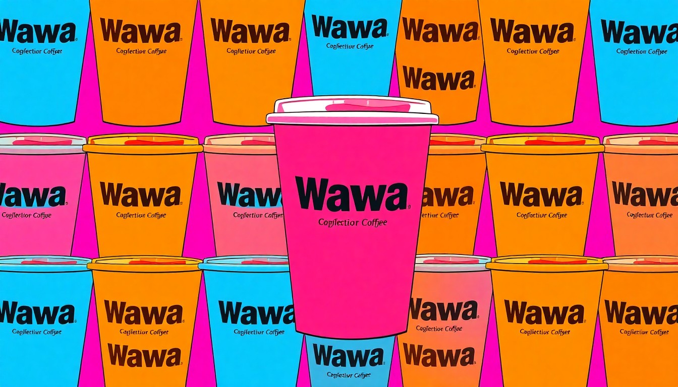 A bold, colorful silkscreen-style illustration featuring a repeated pattern of a single Wawa coffee cup, conceptually representing how the convenience store chain has become a modern replacement for the iconic New Jersey diner.