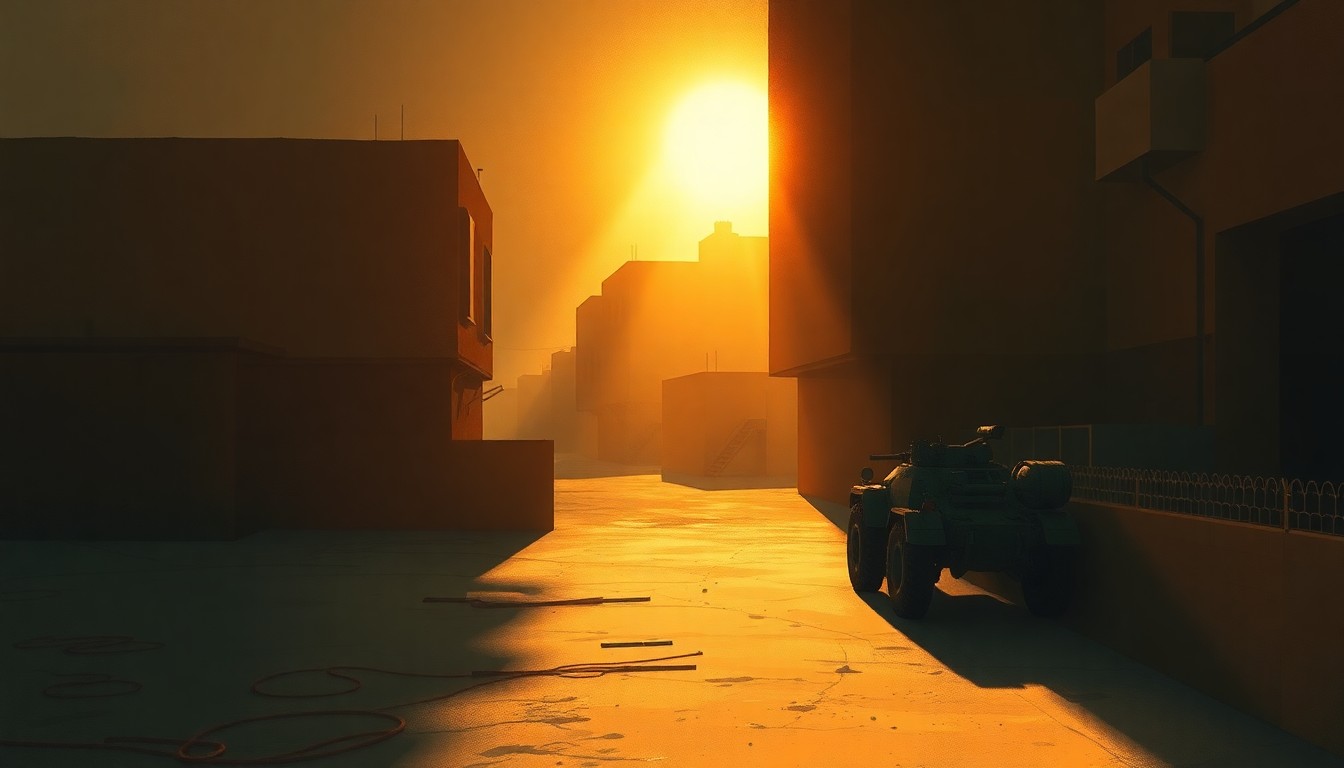 A photorealistic painting of an abandoned military vehicle or weapon in a desolate urban setting, with warm sunlight casting dramatic shadows across the scene, conveying a sense of melancholy and unease about the escalating conflict.