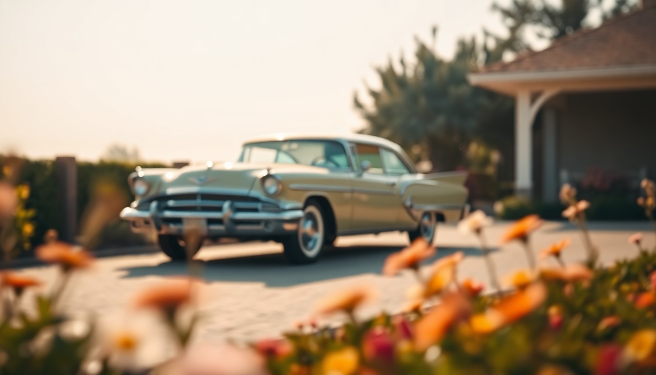 An abstract, out-of-focus photograph in soft, warm tones depicting the blurred silhouette of a classic car parked in a driveway, with lush greenery and flowers in the foreground, conceptually representing the peaceful, nature-filled lifestyle of Carolyn Fay Davis.