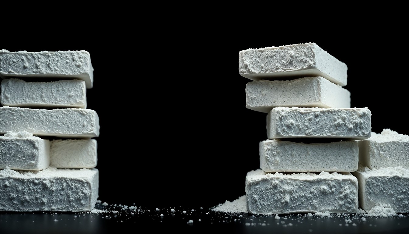 An extreme close-up photograph of several stacked bricks of white powder, conceptually representing the large-scale cocaine seizure at the border.