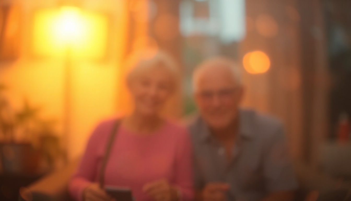 An extremely blurred and abstracted scene of warm, glowing light and color, evoking the cozy, intimate atmosphere of a long-standing couple's life together.