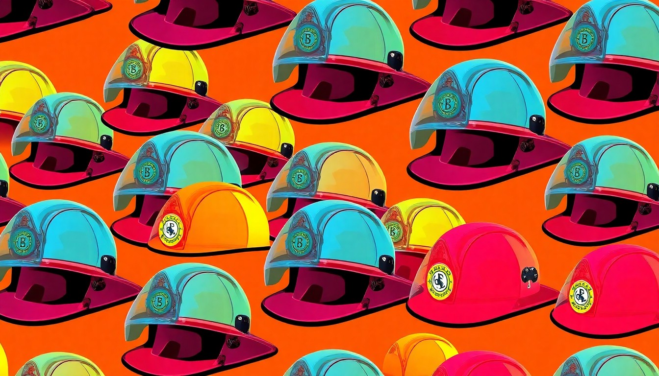 A vibrant, high-contrast silkscreen print featuring a firefighter's helmet repeated in a grid pattern, using bold neon colors and heavy black outlines to transform the everyday object into a modern pop art piece.