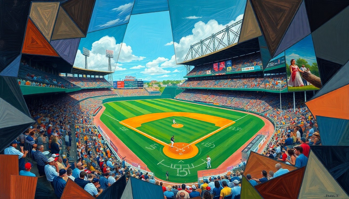 A cubist-style painting featuring overlapping geometric shapes and planes in shades of blue, green, and orange, conveying the dynamic motion and competition of a college baseball game.