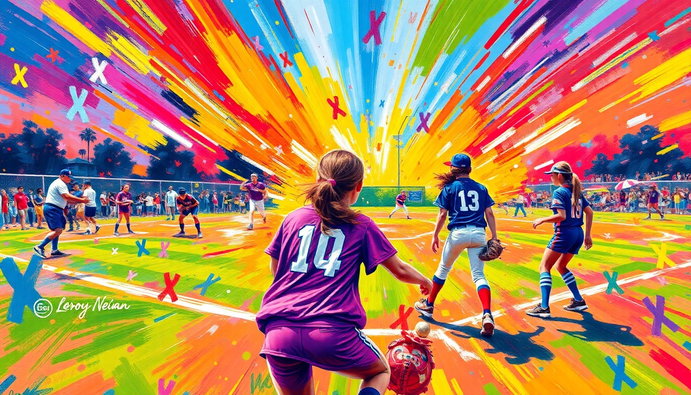 An energetic, expressionist painting in vibrant neon colors depicting the action and excitement of a high school softball game, with players in colorful jerseys and the field decorated with autism awareness symbols, capturing the inclusive spirit of the event.