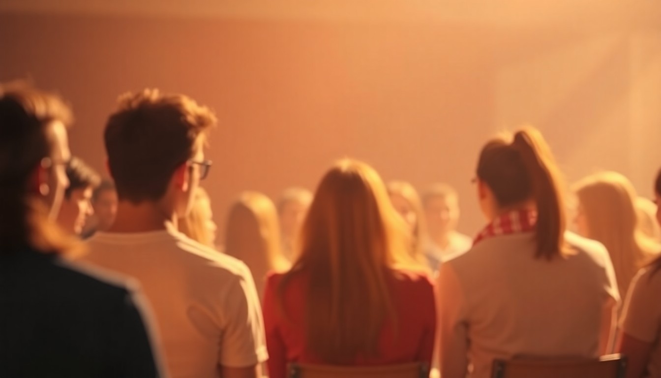 An abstracted, out-of-focus photograph in soft, warm tones depicting a group of college students engaged in discussion, with the blurred silhouettes of a speaker and audience members.