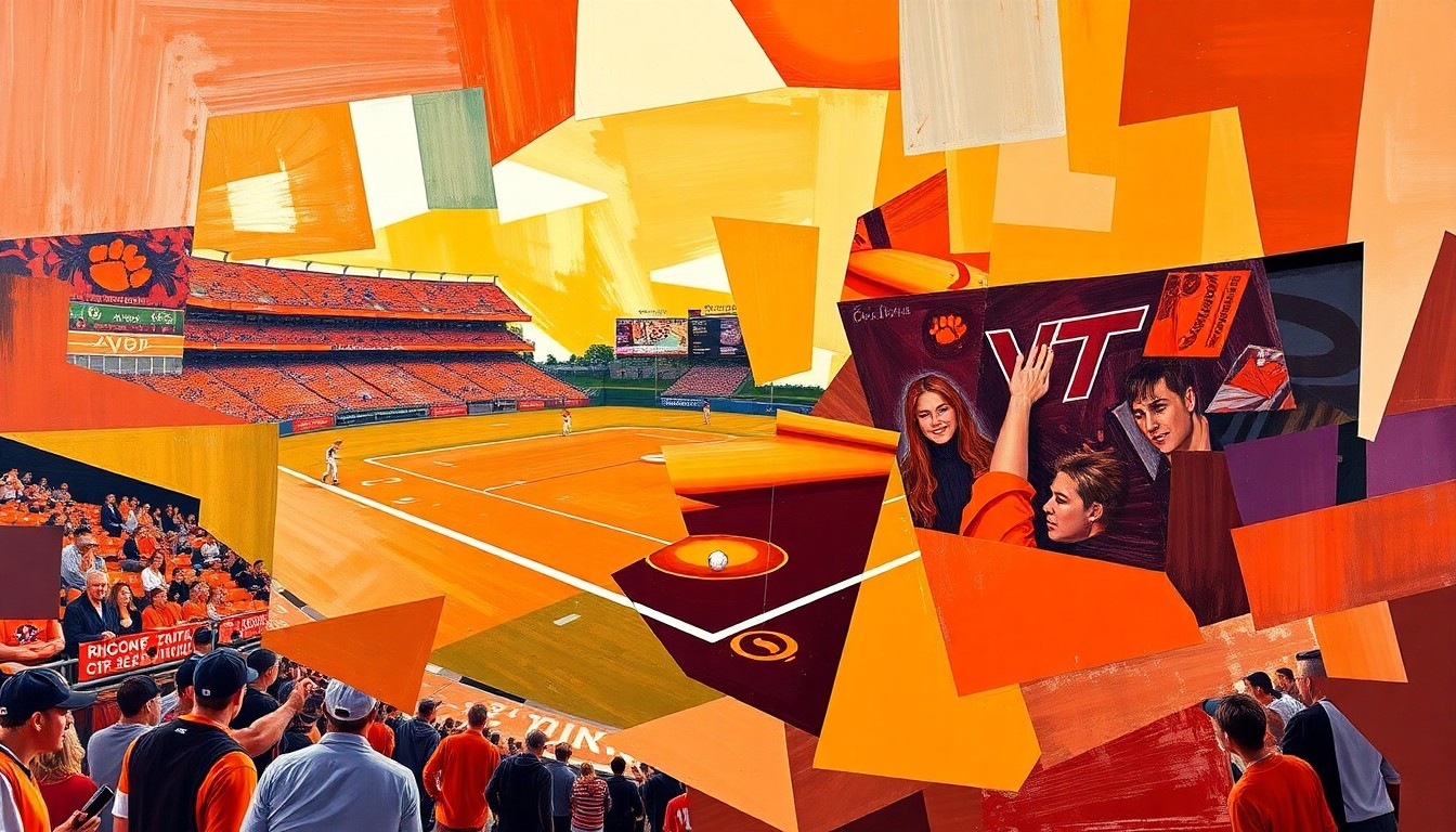 A cubist, geometric painting depicting the dynamic action of a softball game, with overlapping shapes and planes in Clemson orange and Virginia Tech maroon, conveying the intensity and competitiveness of the matchup.
