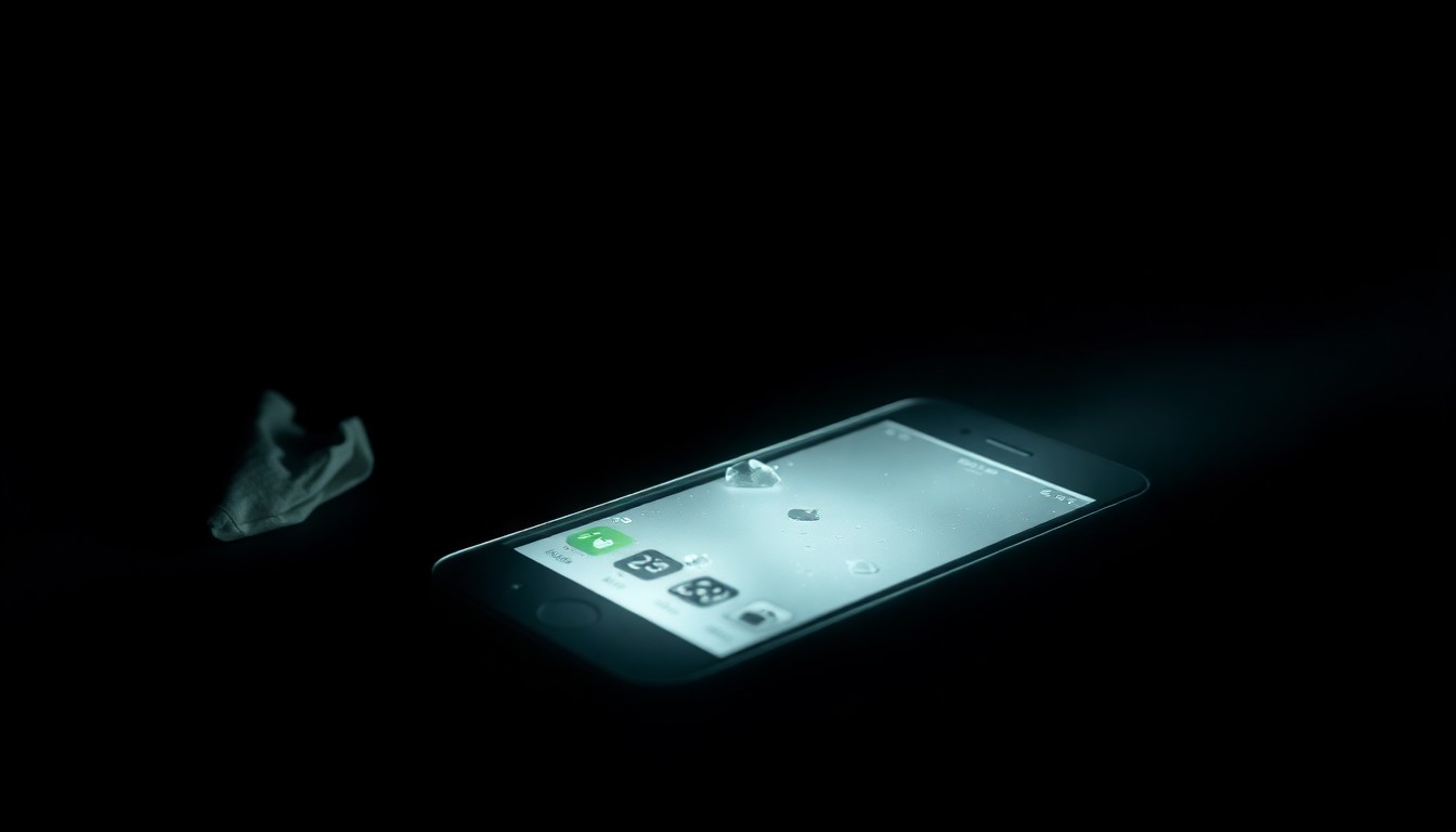 An extreme close-up photograph of a cracked cell phone screen, lit by a harsh, direct camera flash against a pitch-black background, conceptually representing the investigation into a violent crime.