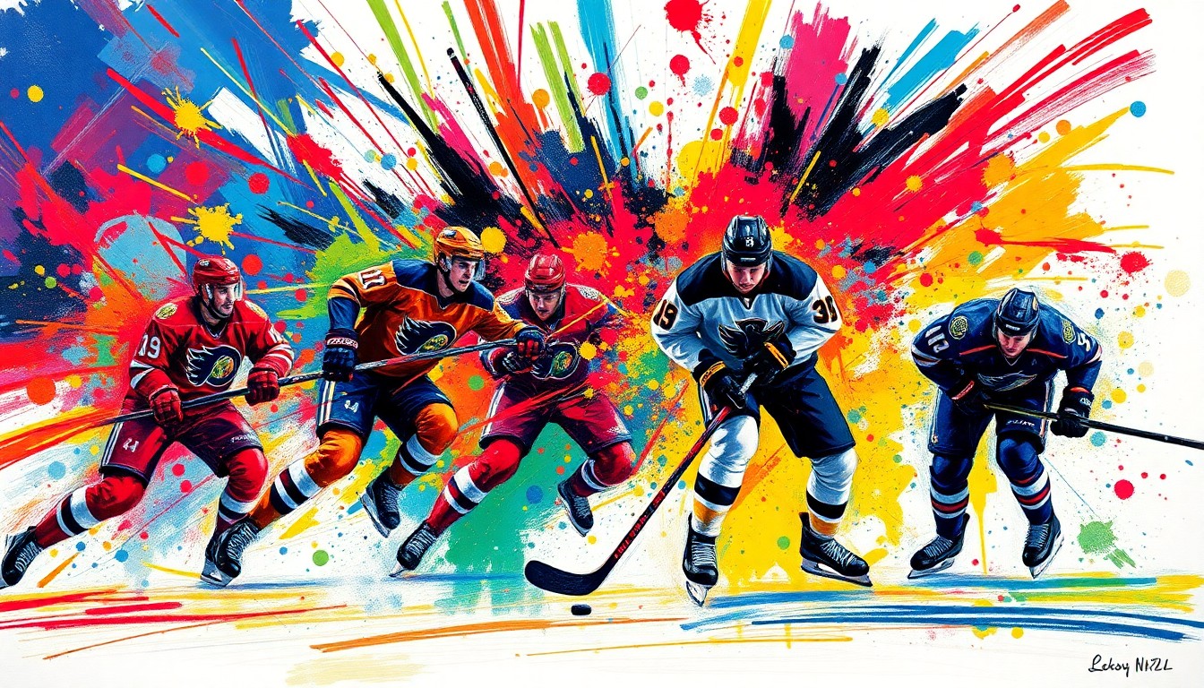 An abstract, expressionist painting featuring bold, neon-colored brushstrokes that capture the raw energy and intensity of a professional hockey game, with players' figures dissolving into unrecognizable splatters of paint.