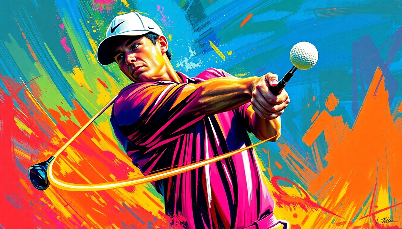 An abstract, energetic painting featuring a golfer mid-swing, with a neon-colored golf ball trailing a bright streak as it launches off the club face, conveying the dynamic movement and raw power of the sport.