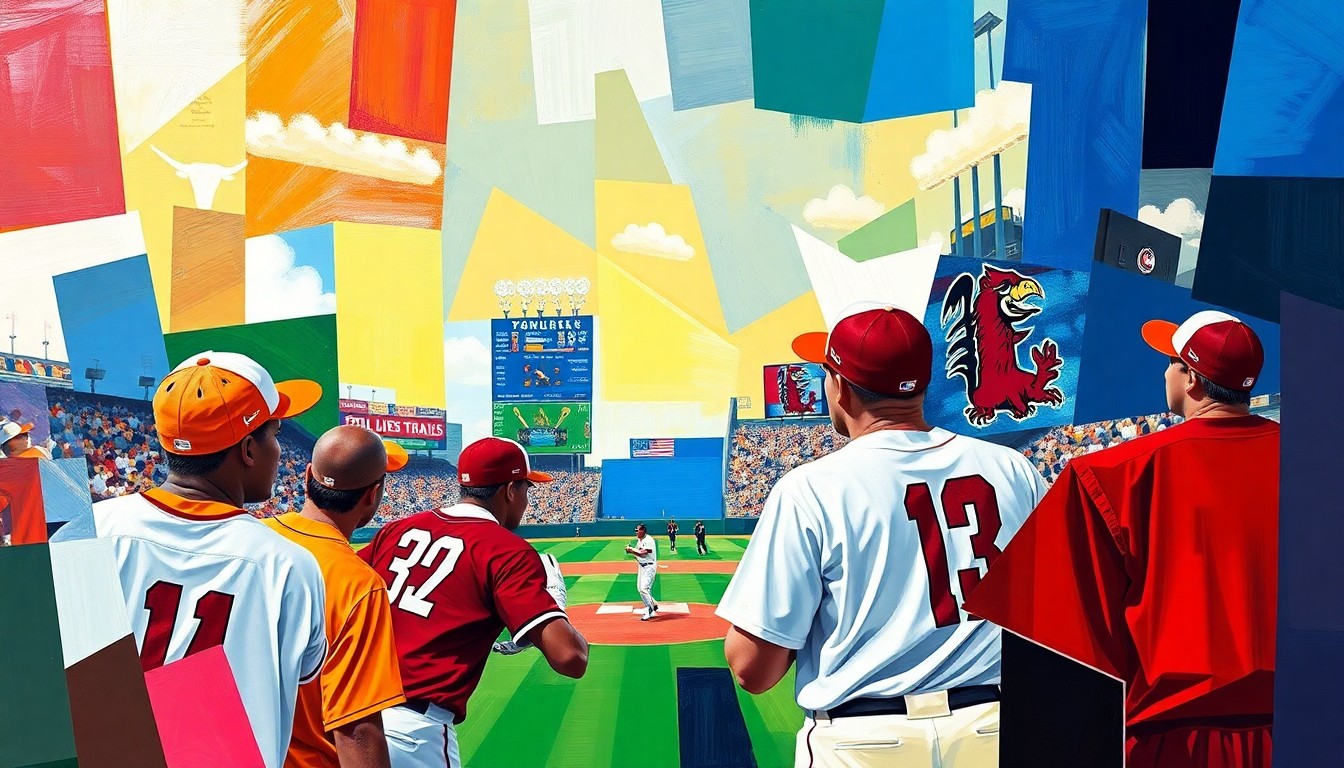 A fragmented, geometric painting in bold colors representing the key moments and players of a college baseball game, with the action deconstructed into sharp, overlapping shapes.