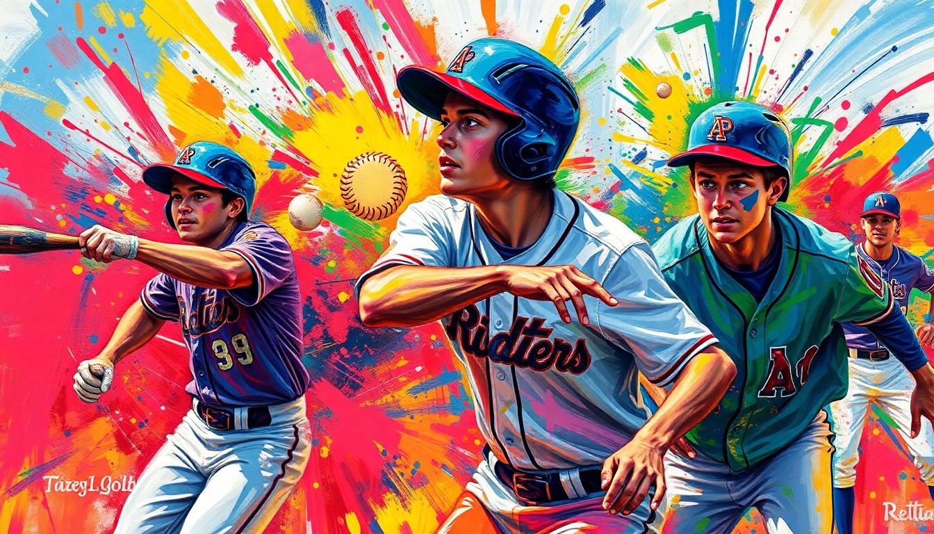 An abstract, expressionist painting featuring bold, neon-colored brushstrokes that convey the dynamic movement and intensity of a high school baseball game, with players' forms dissolving into a vibrant, energetic composition.