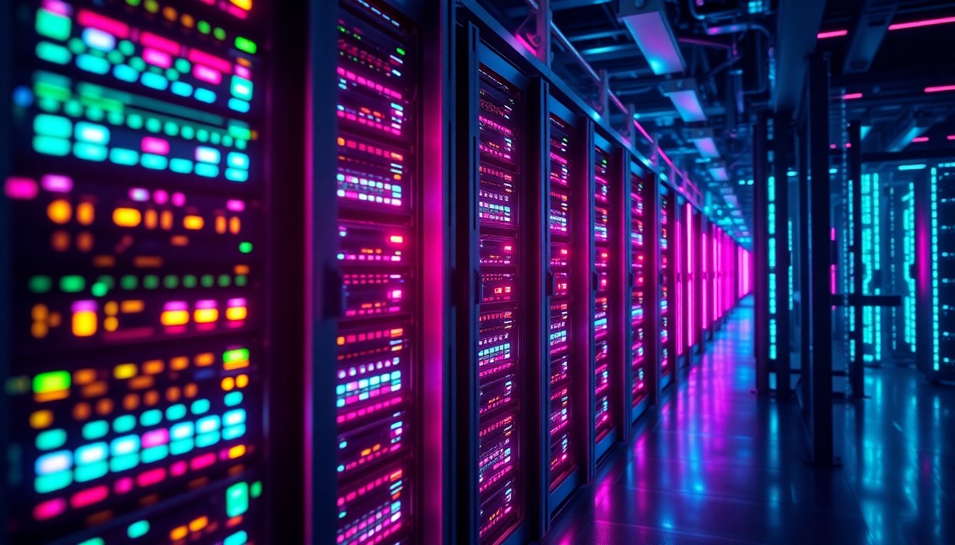 A highly detailed, glowing 3D illustration of a futuristic data center server rack, with neon cyan and magenta lights illuminating the intricate hardware components, conceptually representing the advanced infrastructure powering the proposed AI data center project.