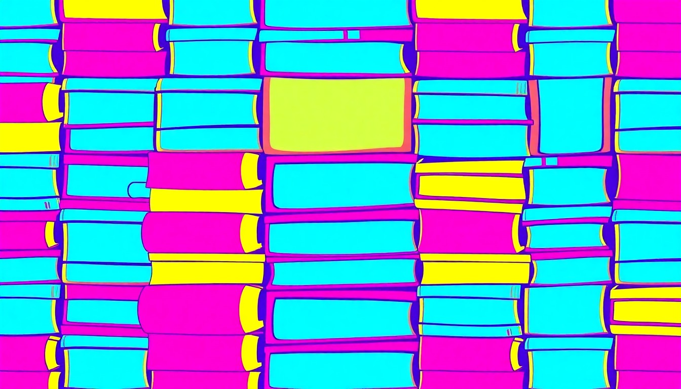 A bold, colorful silkscreen-style illustration of a repeating grid of school textbooks in neon blue, pink, and yellow, conceptually representing the challenges of budget cuts and school consolidation in the Cleveland public education system.