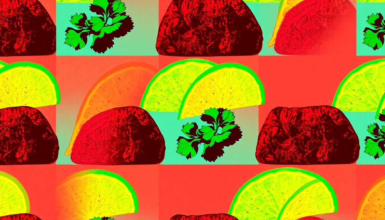 A bold, colorful silkscreen-style illustration featuring repeated images of a single taco ingredient, such as a slice of lime or a piece of grilled steak, in a vibrant neon color palette with heavy black outlines, capturing the essence of South Jersey's thriving taco culture.