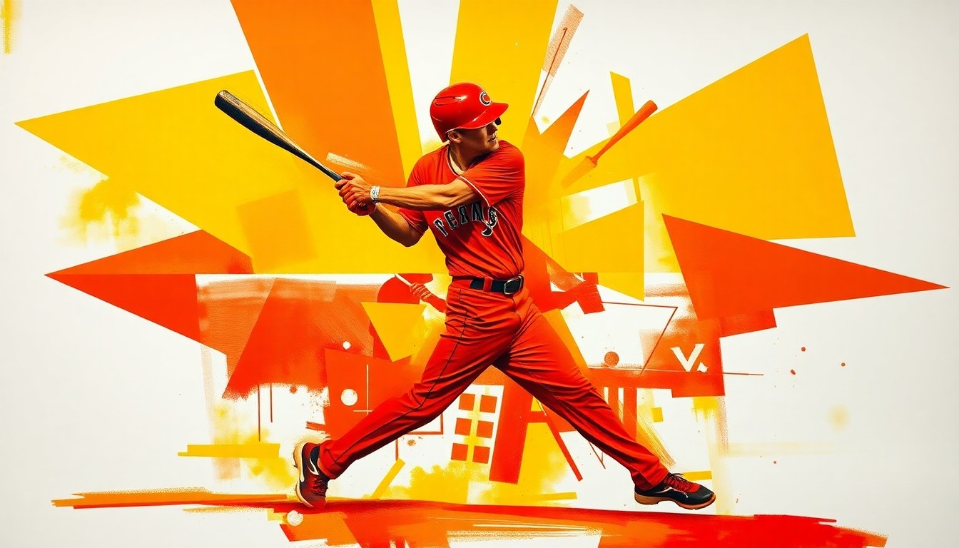 A cubist, geometric painting depicting the fractured, multi-angled motion of a baseball player swinging a bat, with bright red, orange, and yellow planes representing the explosive energy of the home run swing.