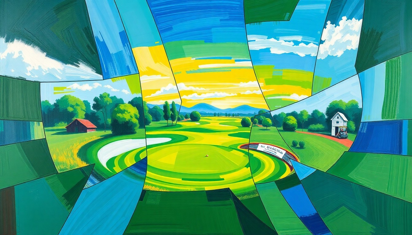 A fragmented, geometric painting depicting the dynamic action of a women's golf tournament, with overlapping shapes and planes in vibrant hues of green, blue, and yellow.