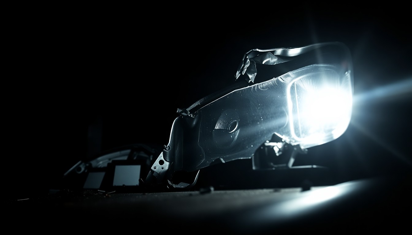 An extreme close-up photograph of a crushed and twisted metal car part, conceptually illustrating the severe damage caused by the collision between a pickup truck and a school bus.