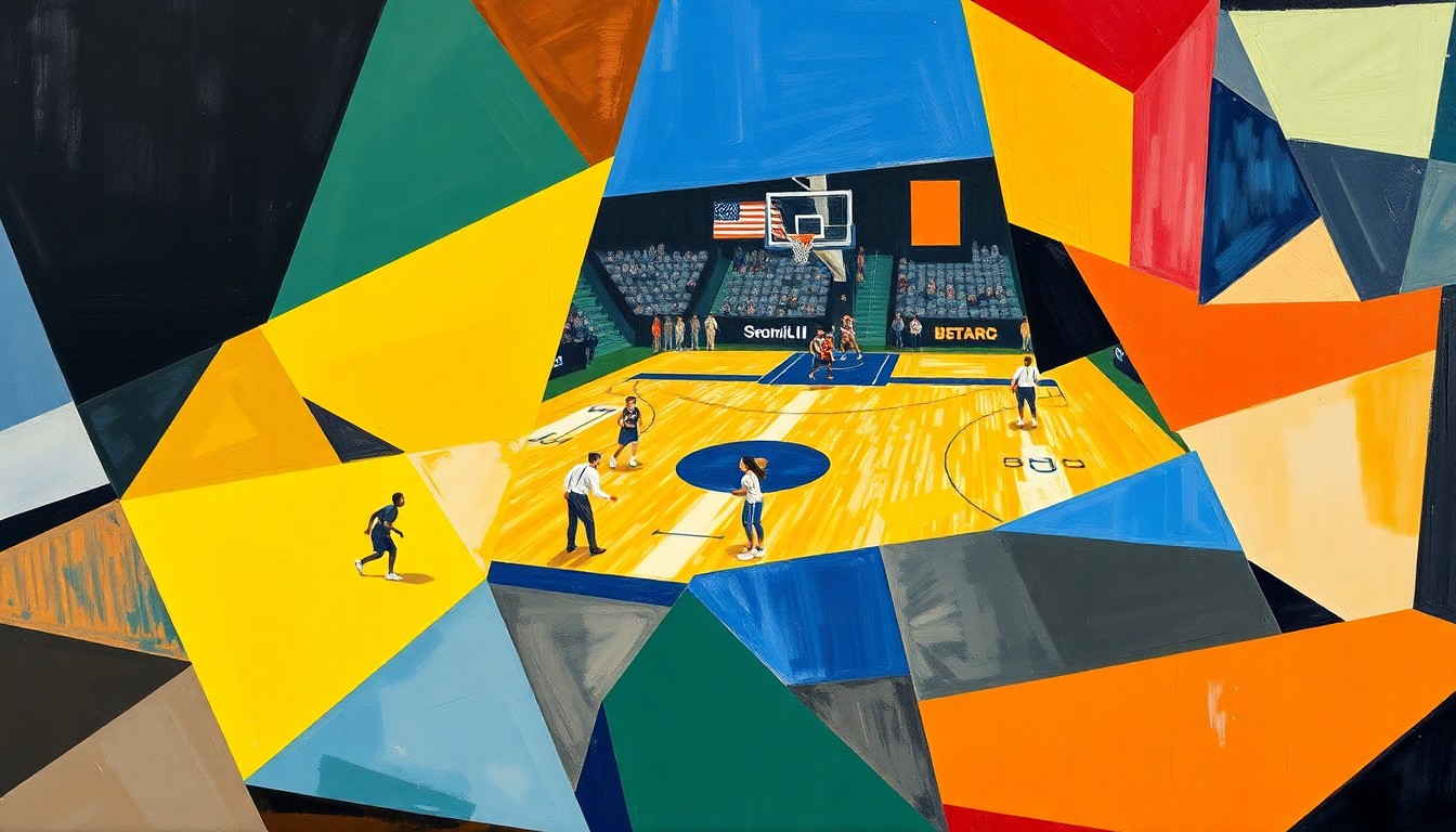 A fractured, geometric painting in vibrant blues, greens, and reds, capturing the dynamic action of a women's college basketball game through Picasso-esque abstraction.