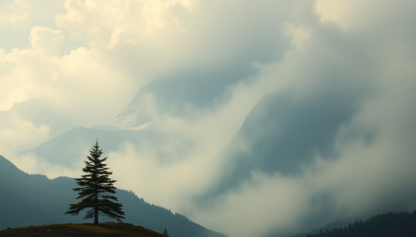 A sweeping, atmospheric landscape painting in muted tones of gray, blue, and green, depicting a dramatic mountain range shrouded in fog, with a lone pine tree in the foreground, conveying a sense of the overwhelming scale and power of the natural world.
