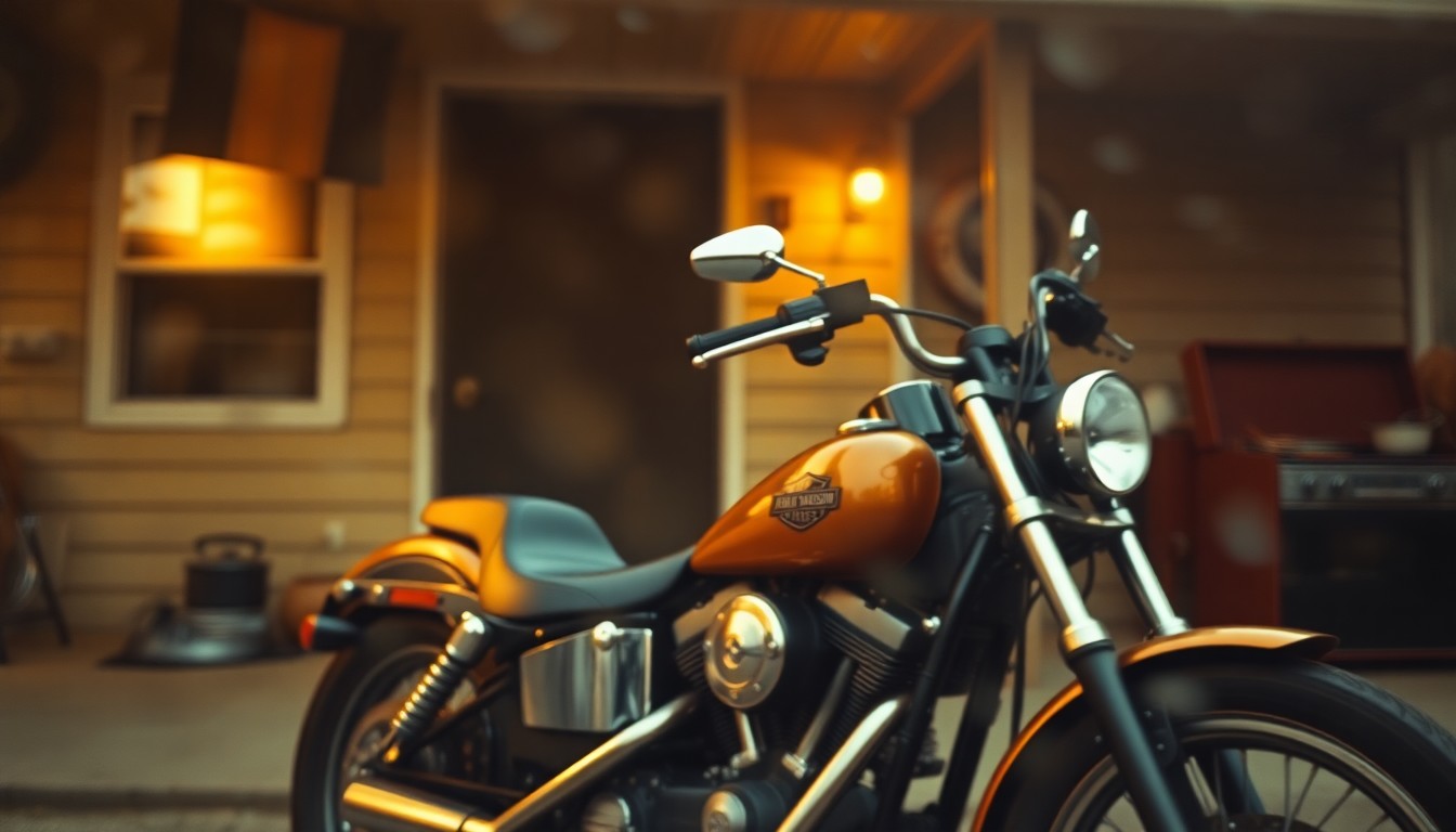 An abstract, out-of-focus scene depicting a Harley-Davidson motorcycle, a vinyl record player, and cooking utensils in a warm, golden light, conceptually representing the quiet, reflective life of a retired military veteran.