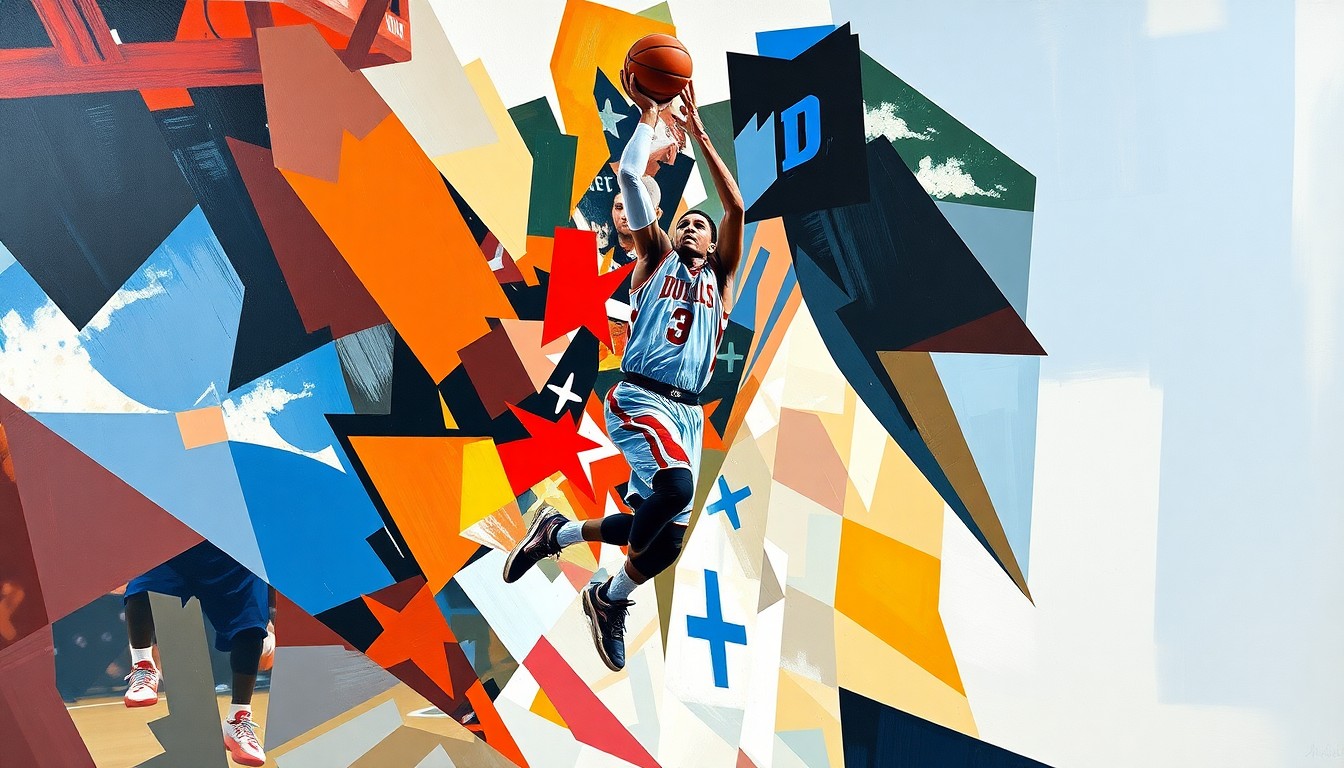 A cubist, geometric painting depicting the climactic moment of Braylon Mullins' game-winning 3-pointer, with his figure and the basketball fragmented into abstract shapes and planes of vibrant color.