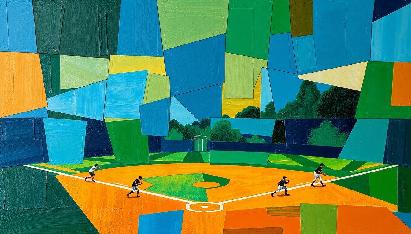 A fragmented, geometric painting depicting a high school sports game, with sharp planes of navy, green, and orange overlapping to create a dynamic, abstract composition.