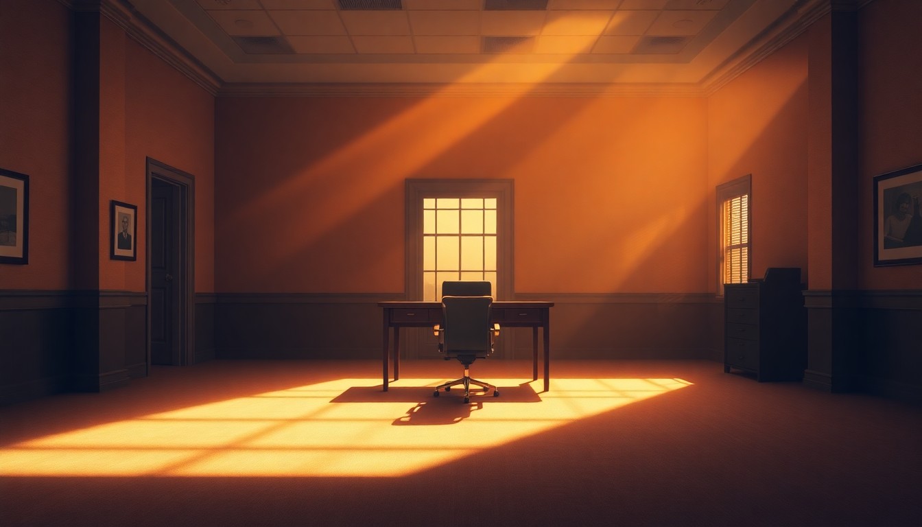 A quiet, cinematic painting of an empty government office space with a single desk and chair in the center, bathed in warm, diagonal sunlight and deep shadows, conveying a sense of political tension and uncertainty.