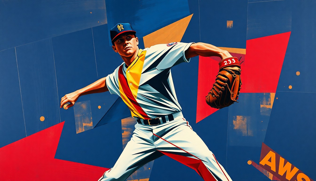 A fractured, geometric painting depicting the overlapping planes and angles of a baseball pitcher's delivery, rendered in a bold color palette of navy, crimson, and gold.