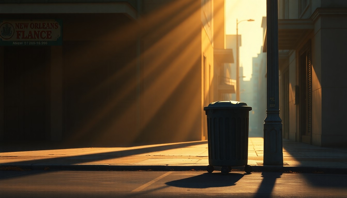 A photorealistic painting of a single trash can on a New Orleans street corner, with warm sunlight casting long shadows across the pavement and buildings in the background.