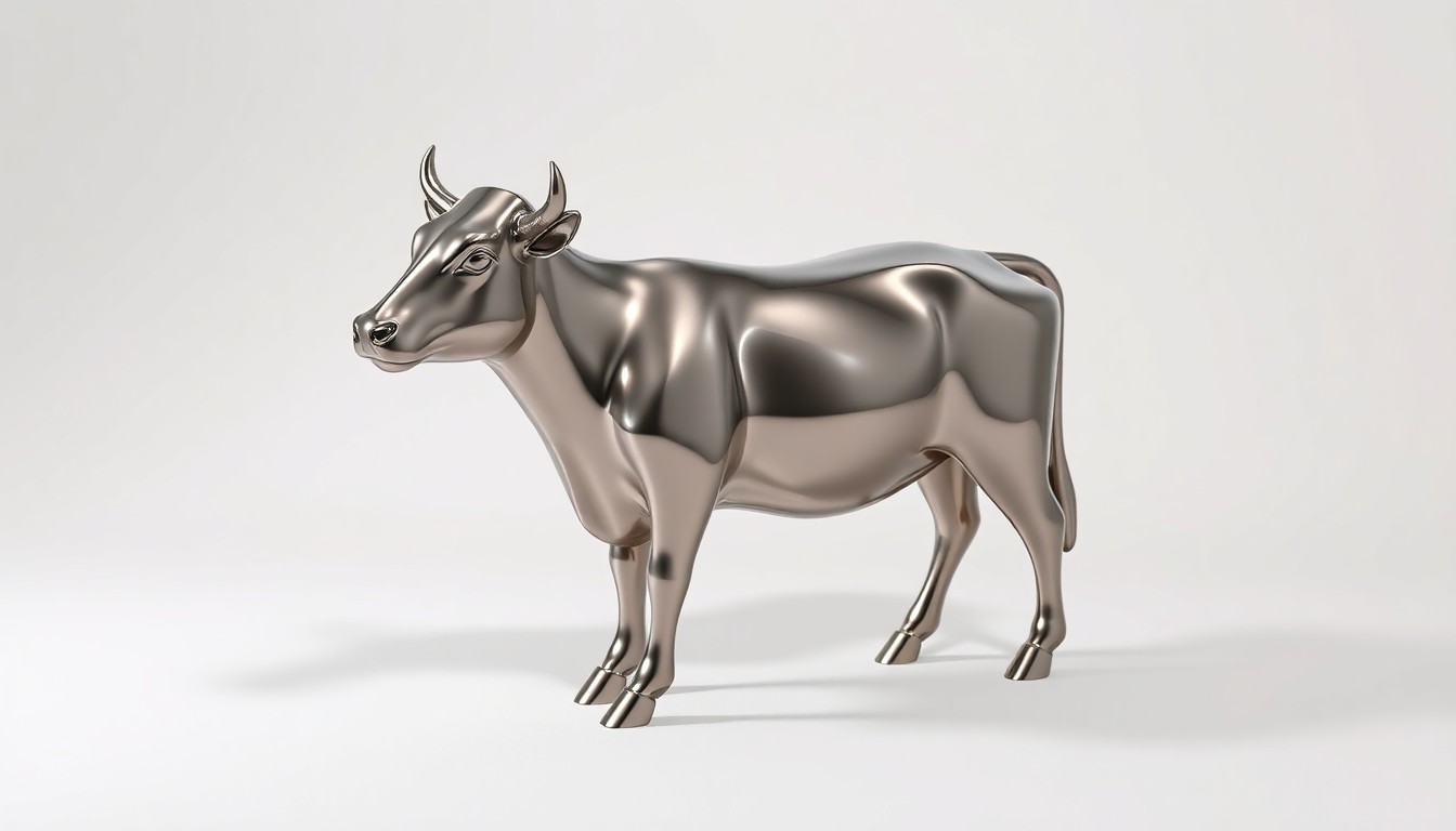 A highly polished, geometric metal sculpture in the shape of a cow, placed on a clean white background and dramatically lit to create sharp shadows, symbolizing the abstract concepts of global trade and the importance of dairy exports to the American economy.